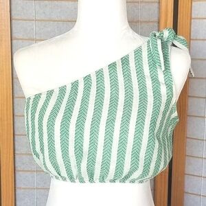 One-Shoulder Linen Blend Green Crop Top Size Small Quzu Stripes